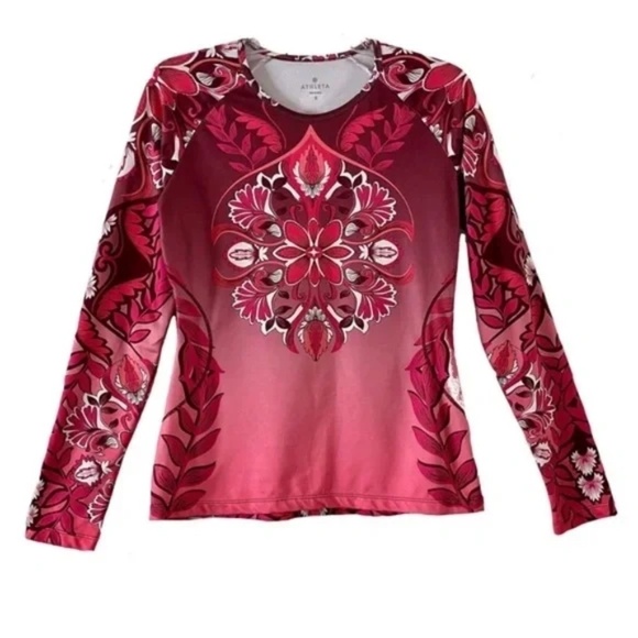 Athleta | Burgundy Floral Long Sleeve Crew Neck Athletic Top, Small - Picture 1 of 5